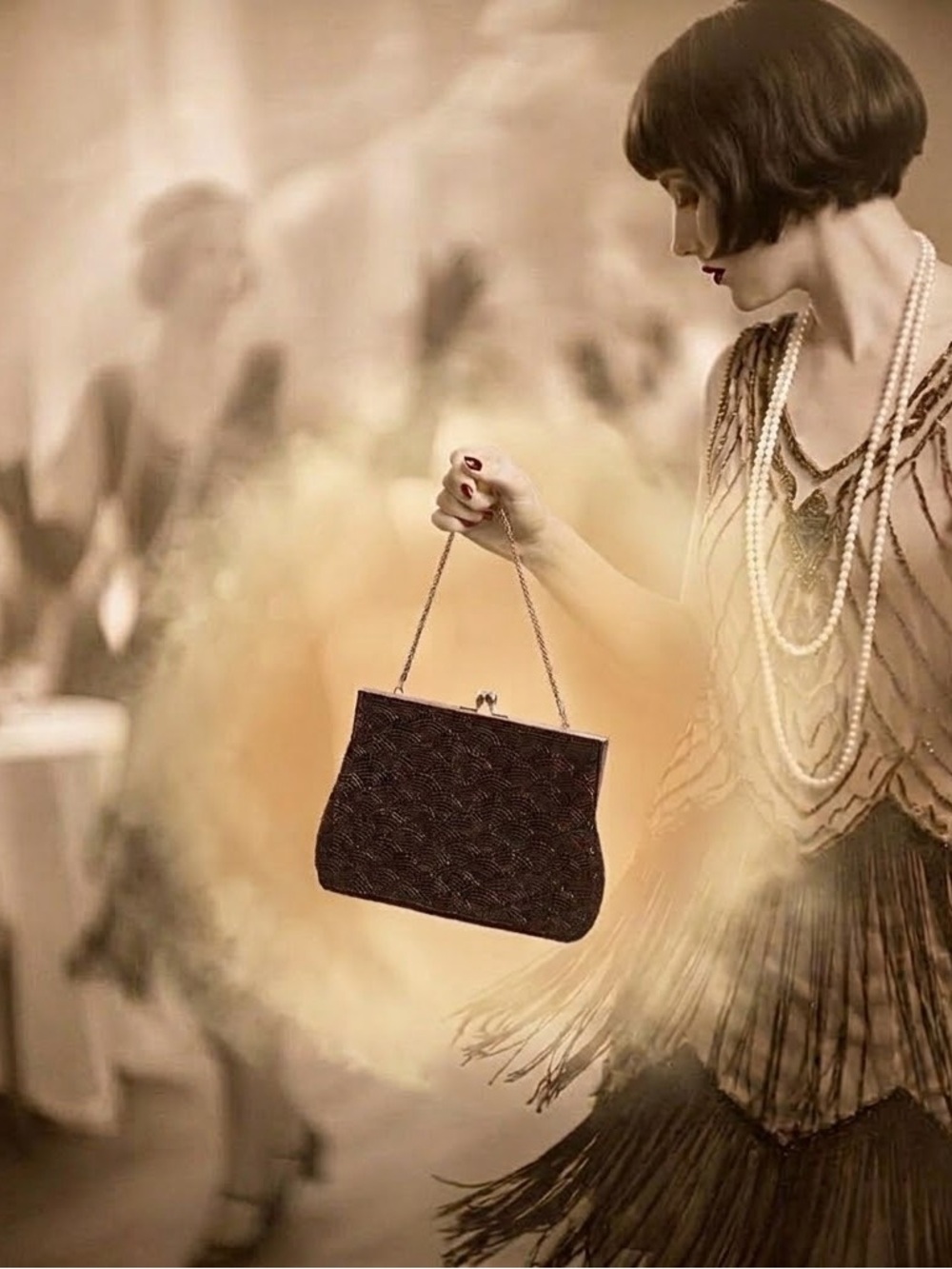 Vintage 60s-70s Art Deco Beaded Evening Bag Black Beaded mini Purse Silver Chai
